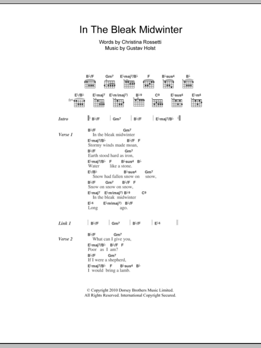 Shawn Colvin In The Bleak Midwinter sheet music notes and chords arranged for Guitar Chords/Lyrics