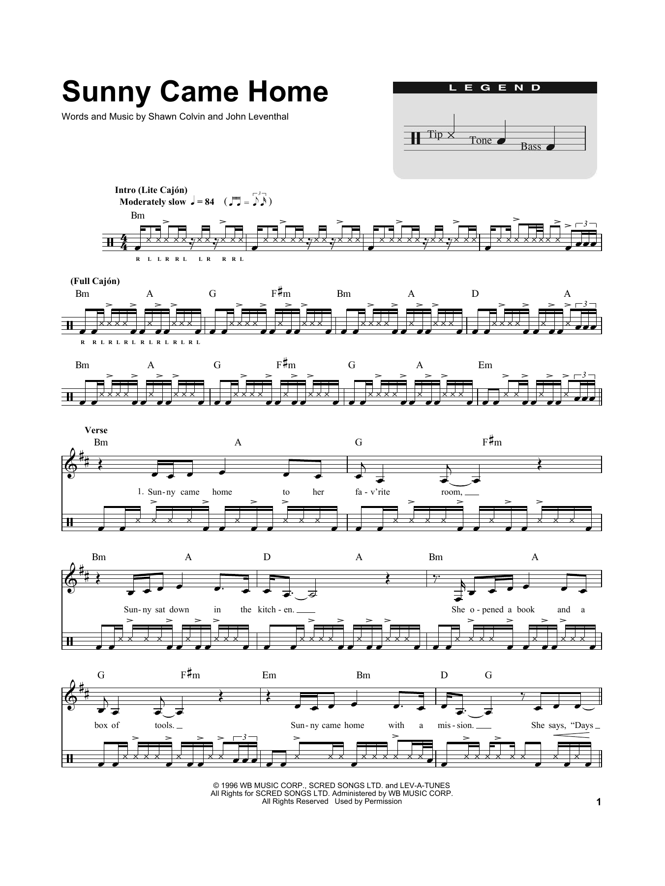 Shawn Colvin Sunny Came Home (for Acoustic Guitar, Voice and Cajón) sheet music notes and chords arranged for Drums Transcription