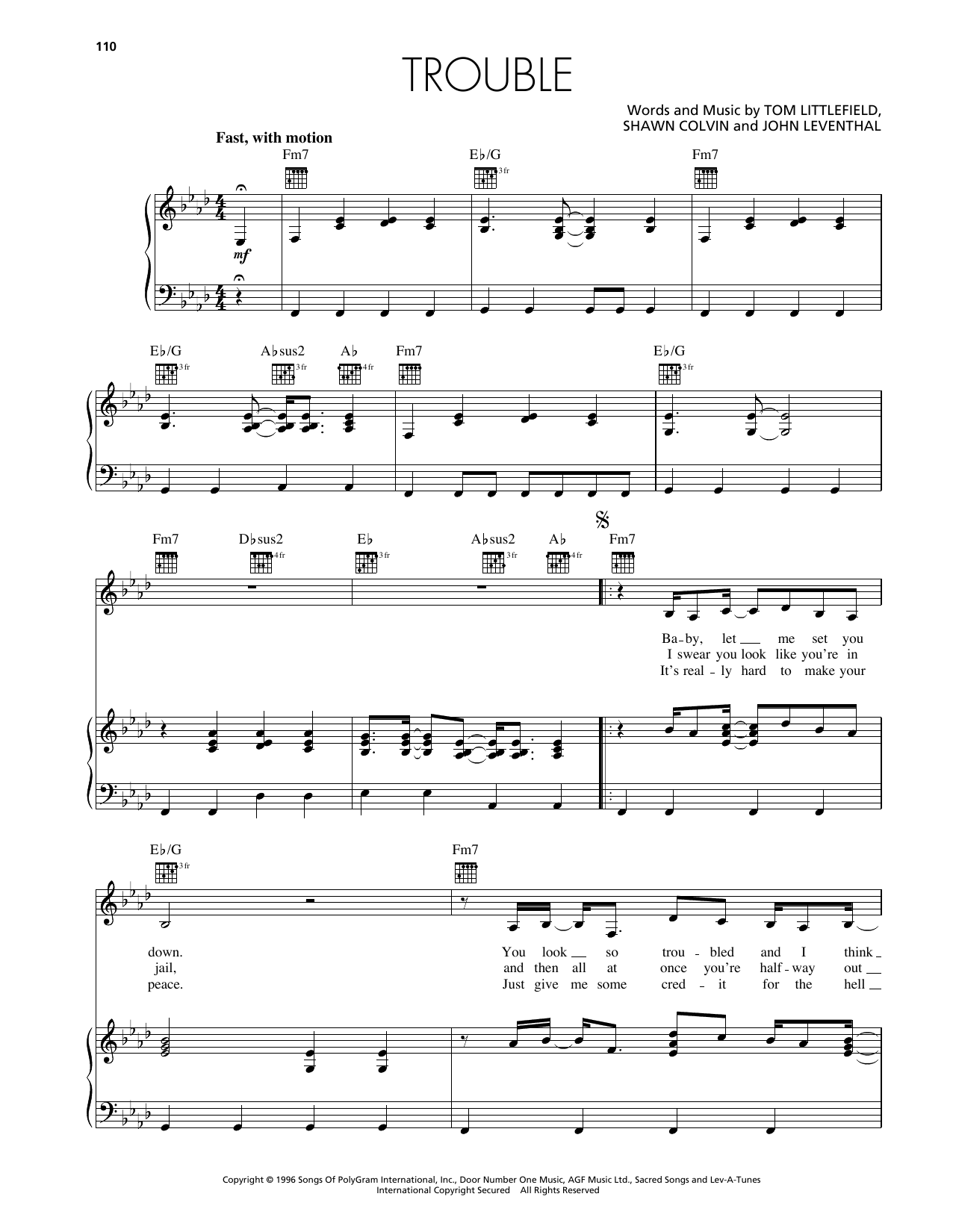 Shawn Colvin Trouble sheet music notes and chords arranged for Piano, Vocal & Guitar Chords (Right-Hand Melody)