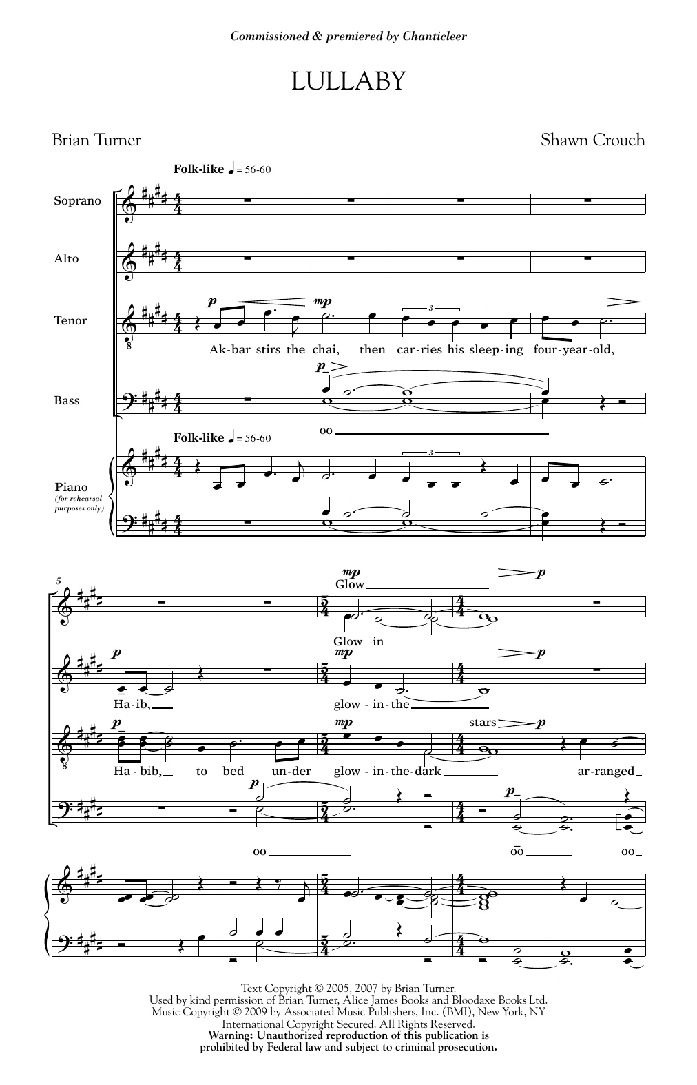 Shawn Crouch Lullaby sheet music notes and chords arranged for SATB Choir