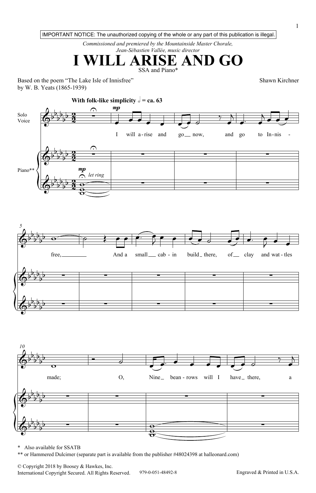 Shawn Kirchner I Will Arise And Go sheet music notes and chords arranged for SSA Choir