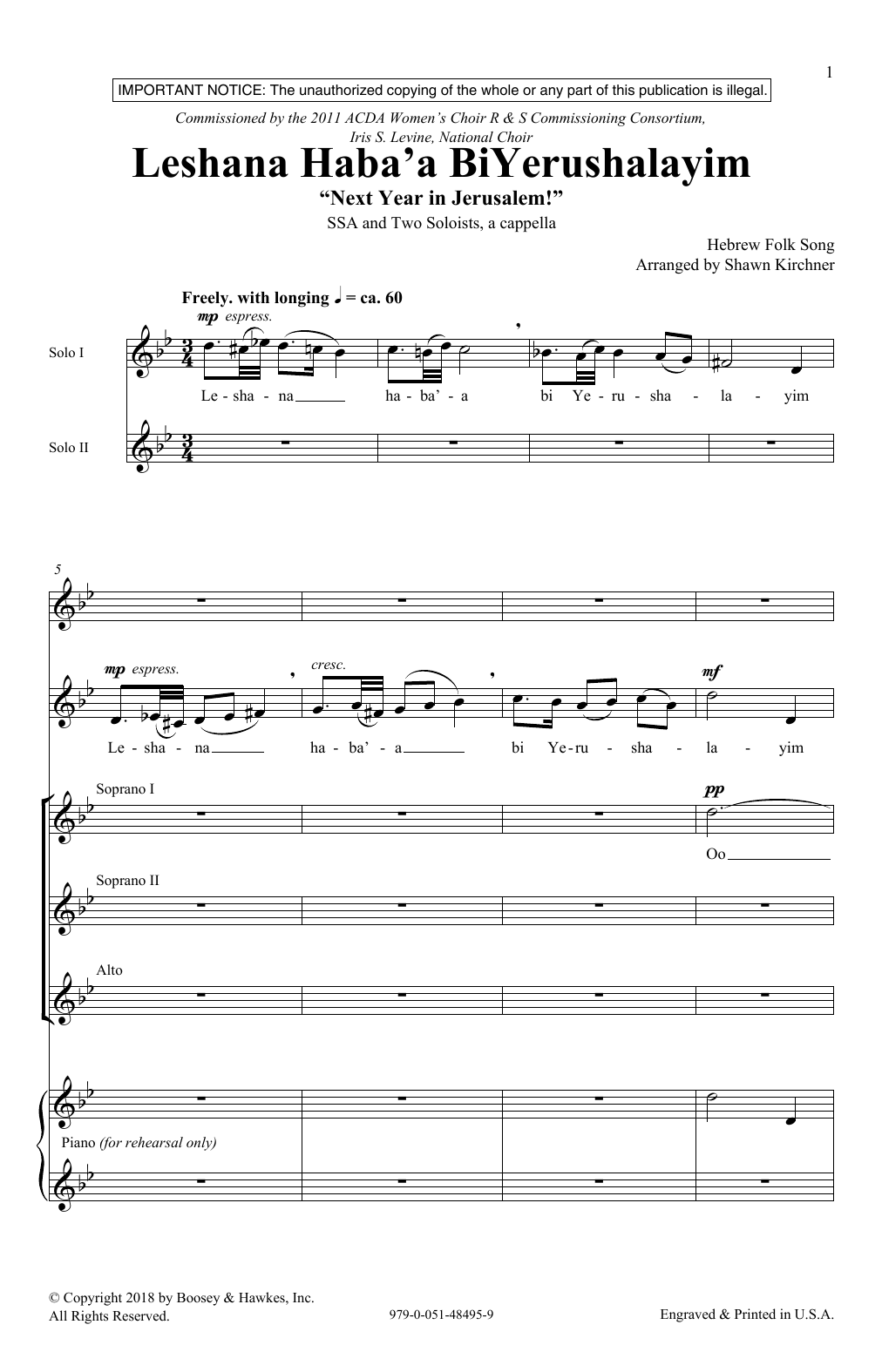 Shawn Kirchner Leshana Haba'a BiYerushalayim sheet music notes and chords arranged for SSA Choir