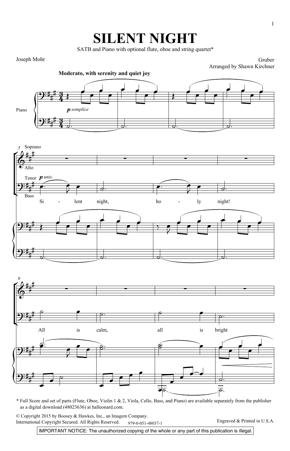Shawn Kirchner Silent Night sheet music notes and chords arranged for SATB Choir