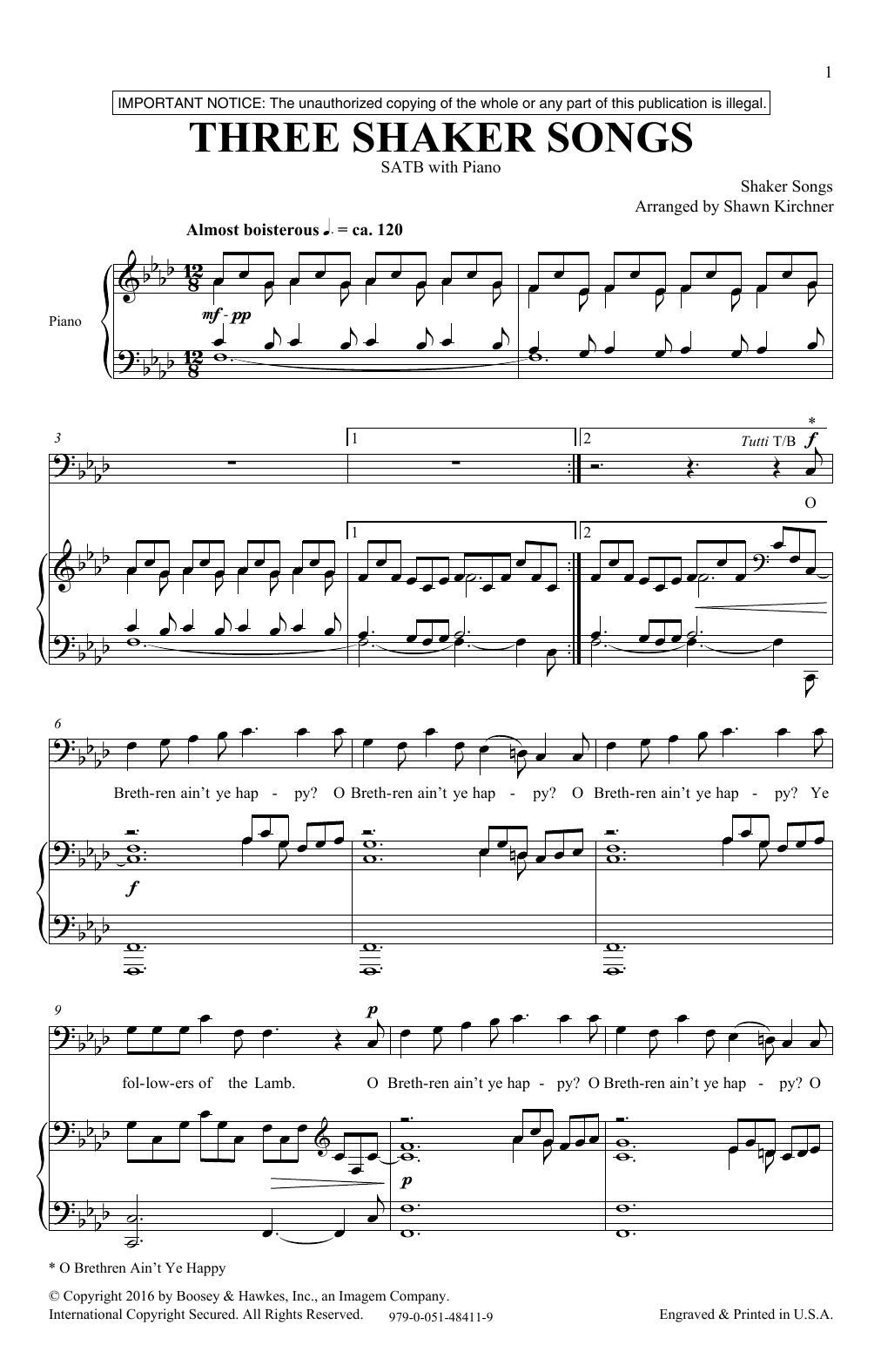 Shawn Kirchner Three Shaker Songs sheet music notes and chords arranged for SATB Choir