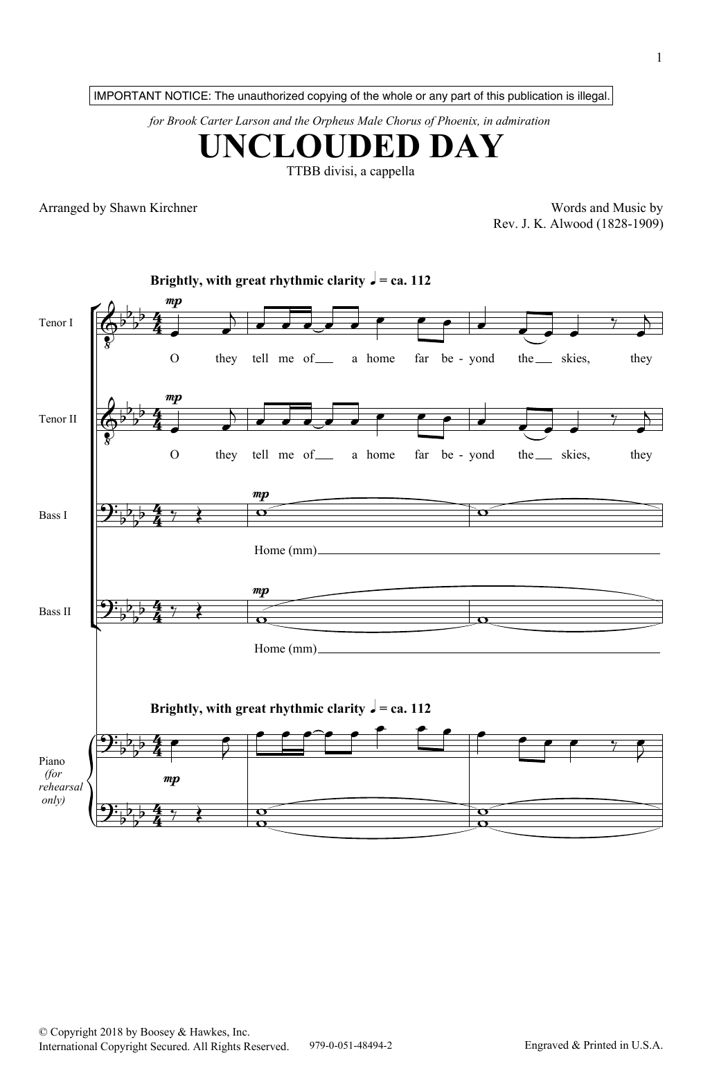 Shawn Kirchner Unclouded Day (from Heavenly Home: Three American Songs) sheet music notes and chords arranged for SSAATTBB Choir