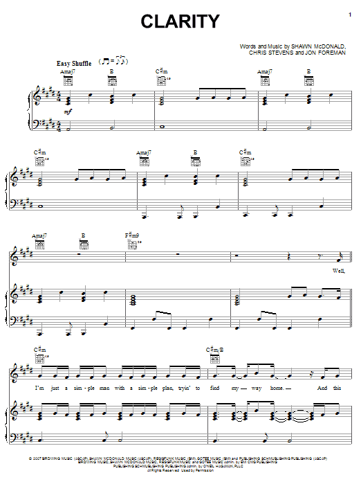 Shawn McDonald Clarity sheet music notes and chords arranged for Piano, Vocal & Guitar Chords (Right-Hand Melody)