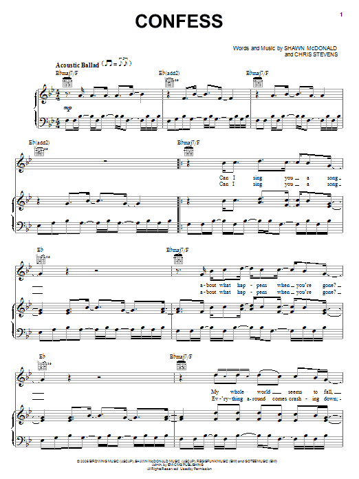 Shawn McDonald Confess sheet music notes and chords arranged for Piano, Vocal & Guitar Chords (Right-Hand Melody)