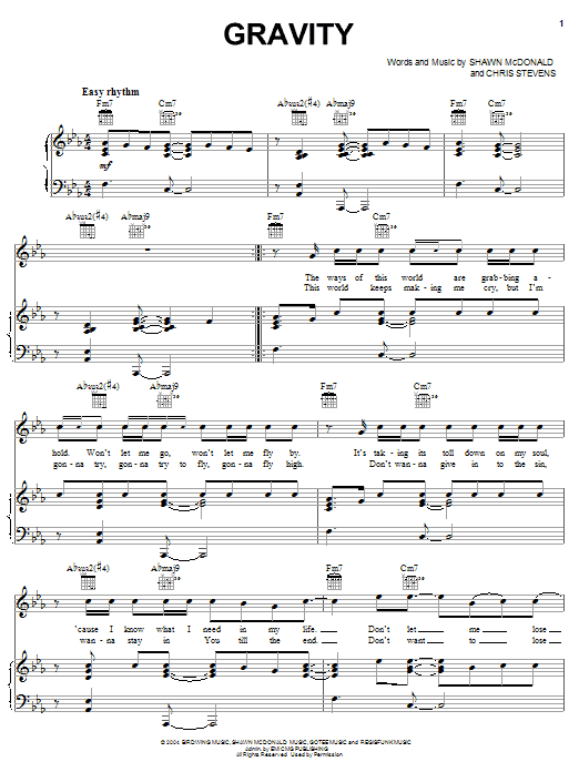 Shawn McDonald Gravity sheet music notes and chords arranged for Piano, Vocal & Guitar Chords (Right-Hand Melody)