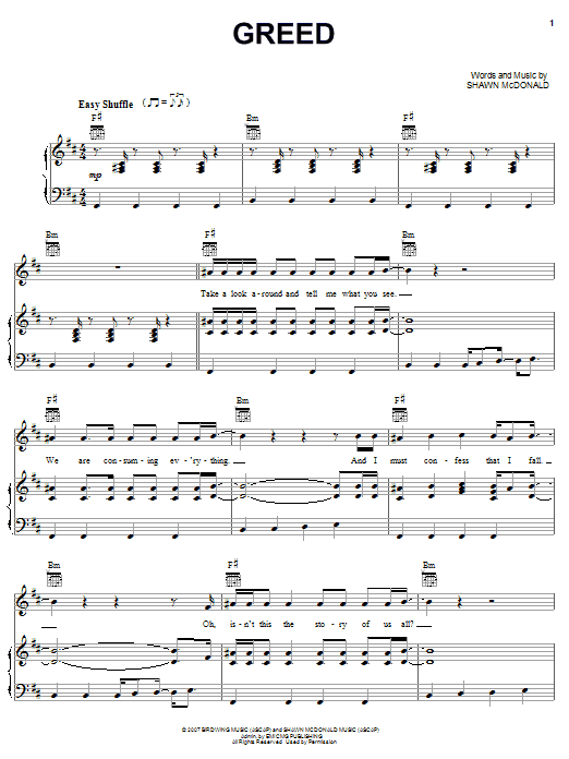 Shawn McDonald Greed sheet music notes and chords arranged for Piano, Vocal & Guitar Chords (Right-Hand Melody)