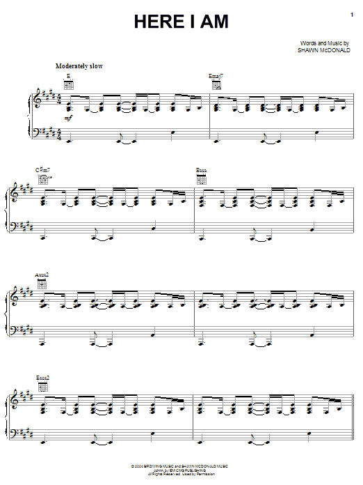 Shawn McDonald Here I Am sheet music notes and chords arranged for Piano, Vocal & Guitar Chords (Right-Hand Melody)