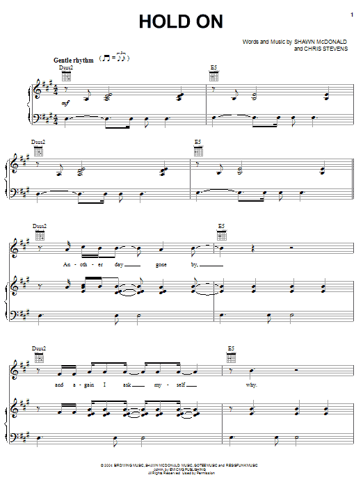 Shawn McDonald Hold On sheet music notes and chords arranged for Piano, Vocal & Guitar Chords (Right-Hand Melody)