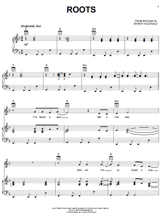 Shawn McDonald Roots sheet music notes and chords arranged for Piano, Vocal & Guitar Chords (Right-Hand Melody)