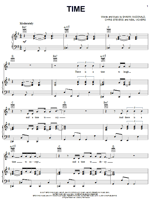 Shawn McDonald Time sheet music notes and chords arranged for Piano, Vocal & Guitar Chords (Right-Hand Melody)