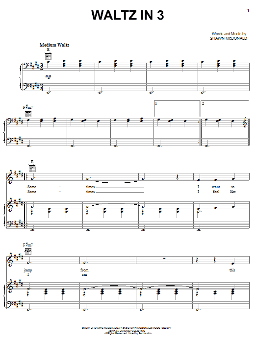 Shawn McDonald Waltz In 3 sheet music notes and chords arranged for Piano, Vocal & Guitar Chords (Right-Hand Melody)