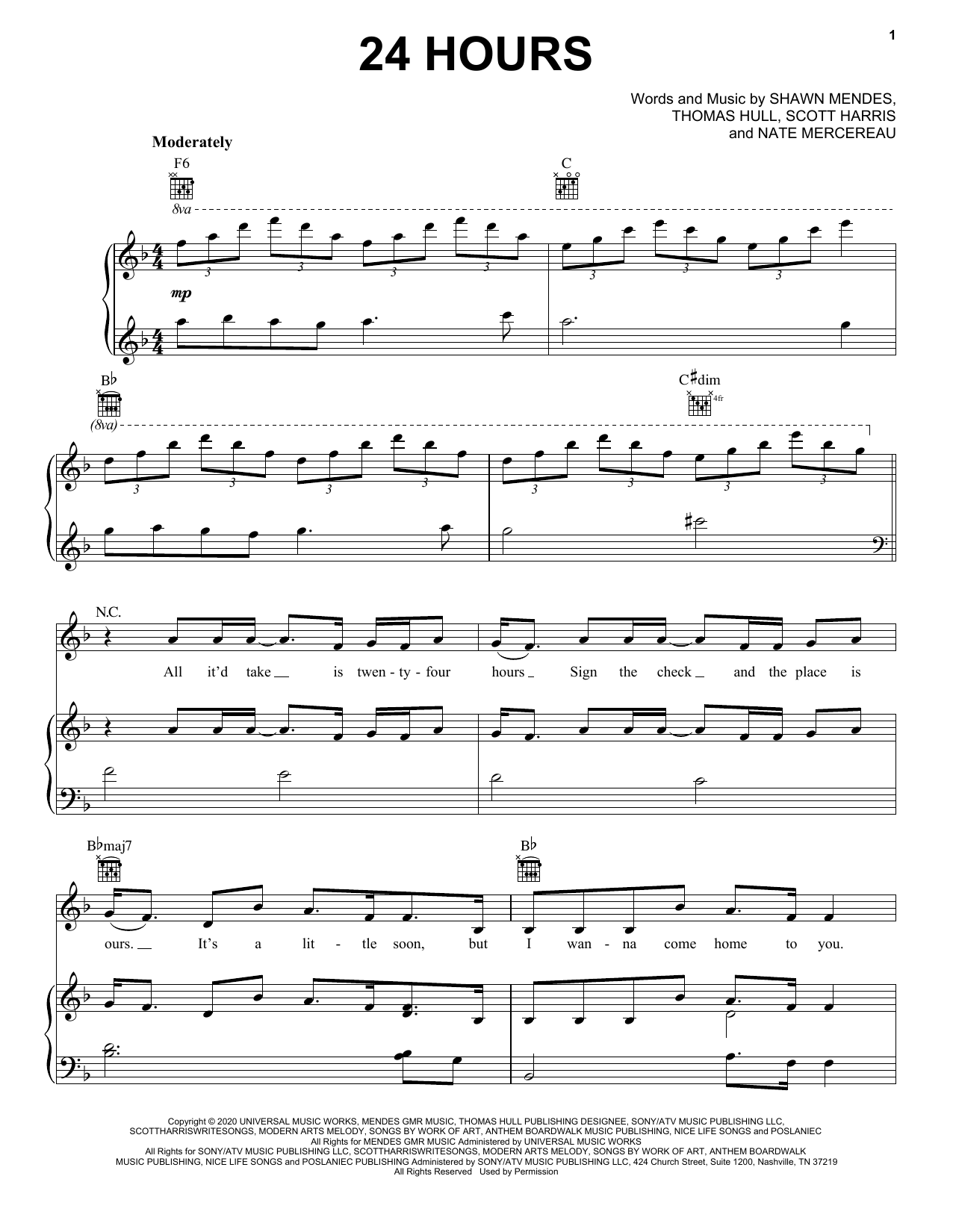 Shawn Mendes 24 Hours sheet music notes and chords arranged for Piano, Vocal & Guitar Chords (Right-Hand Melody)