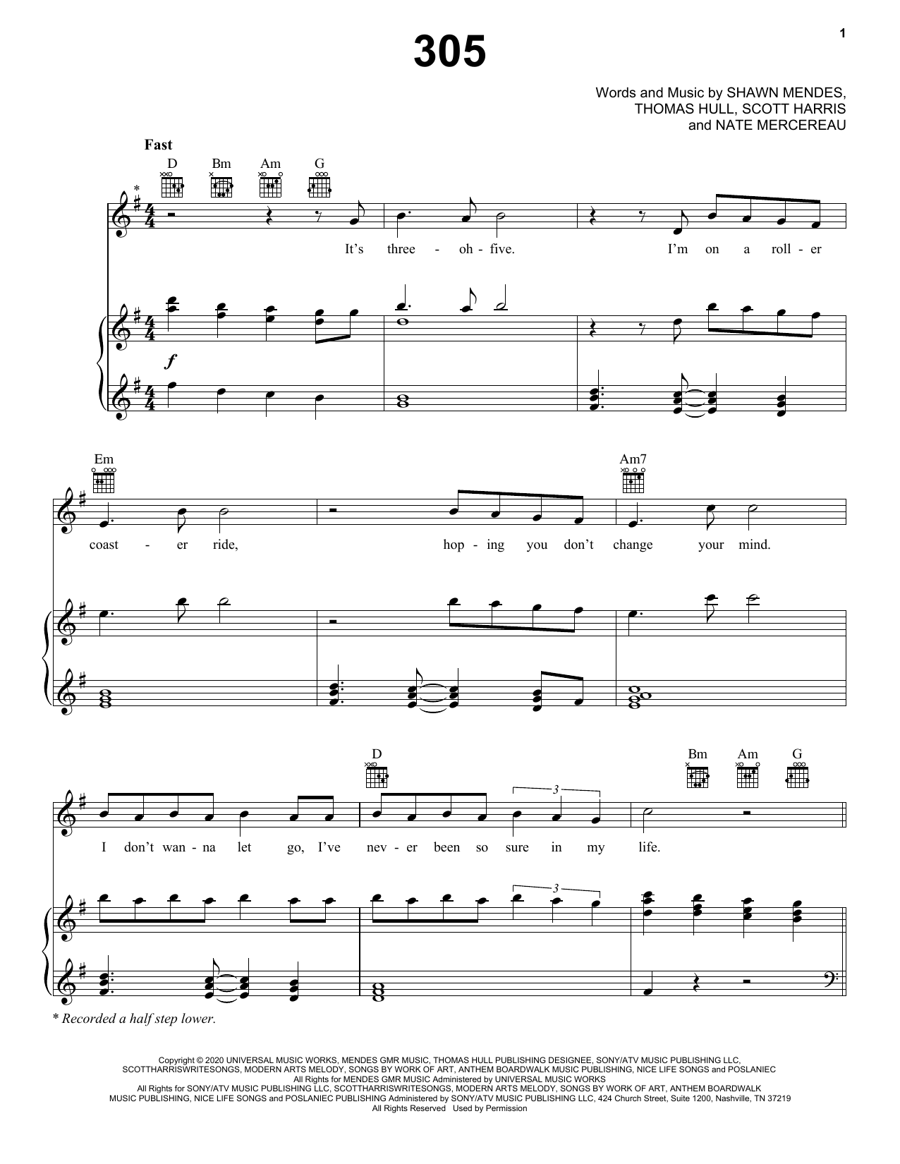 Shawn Mendes 305 sheet music notes and chords arranged for Piano, Vocal & Guitar Chords (Right-Hand Melody)
