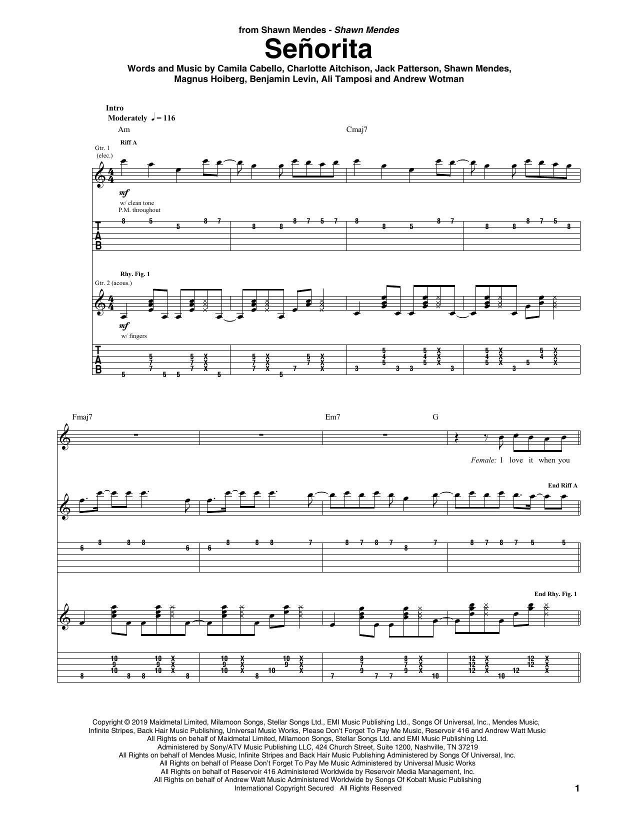 Shawn Mendes & Camila Cabello Señorita sheet music notes and chords arranged for Guitar Tab