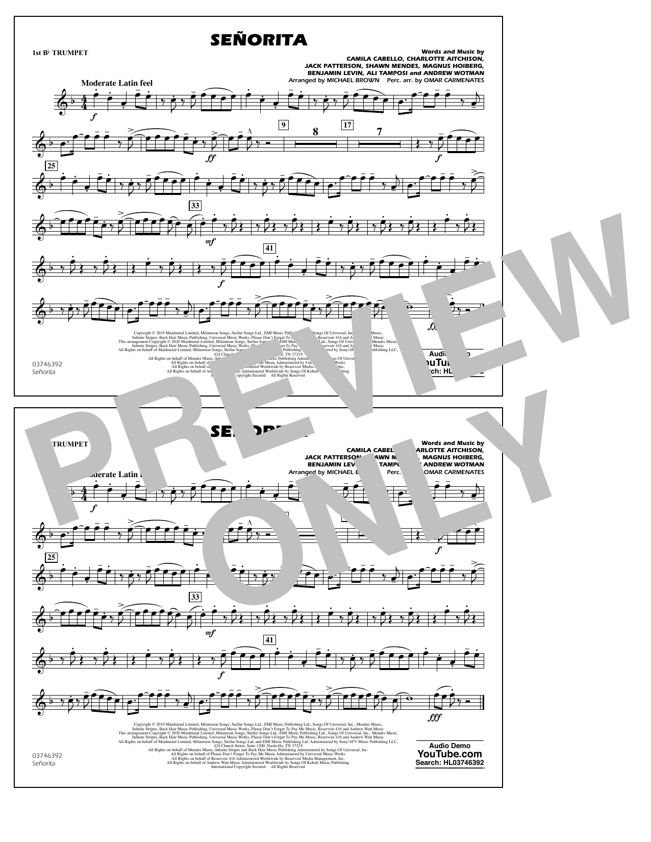 Shawn Mendes & Camila Cabello Señorita (arr. Carmenates and Brown) - 1st Bb Trumpet sheet music notes and chords arranged for Marching Band