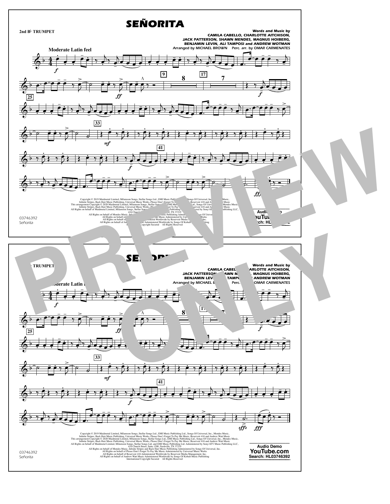Shawn Mendes & Camila Cabello Señorita (arr. Carmenates and Brown) - 2nd Bb Trumpet sheet music notes and chords arranged for Marching Band