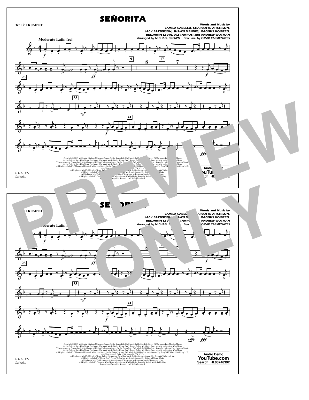 Shawn Mendes & Camila Cabello Señorita (arr. Carmenates and Brown) - 3rd Bb Trumpet sheet music notes and chords arranged for Marching Band