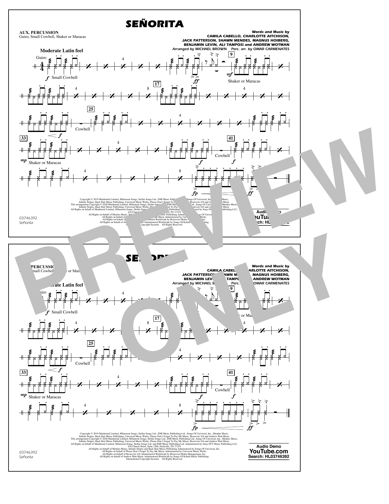Shawn Mendes & Camila Cabello Señorita (arr. Carmenates and Brown) - Aux Percussion sheet music notes and chords arranged for Marching Band