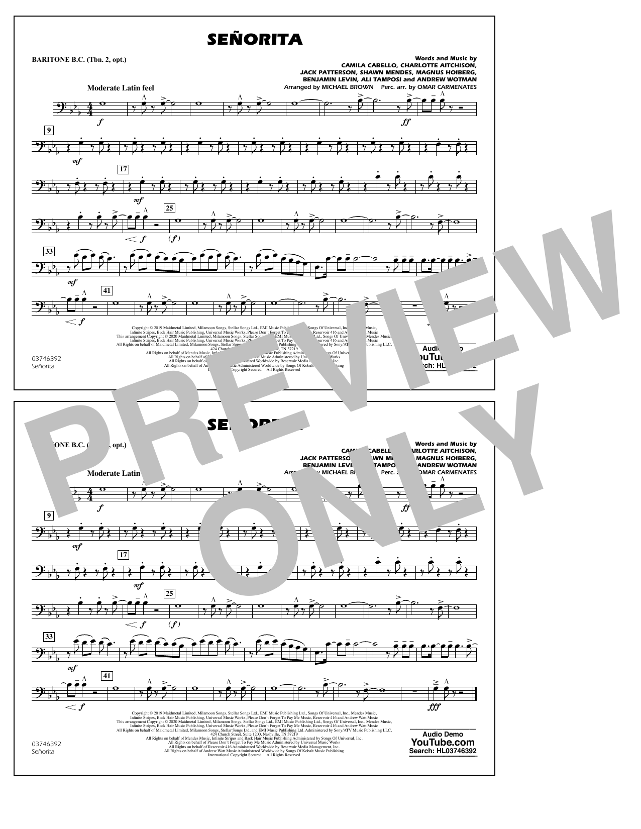 Shawn Mendes & Camila Cabello Señorita (arr. Carmenates and Brown) - Baritone B.C. sheet music notes and chords arranged for Marching Band