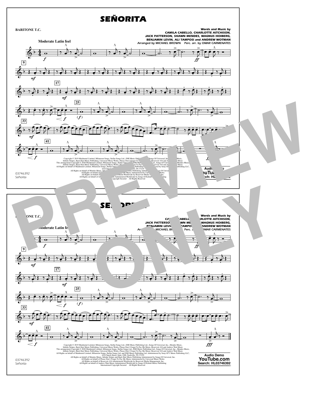 Shawn Mendes & Camila Cabello Señorita (arr. Carmenates and Brown) - Baritone T.C. sheet music notes and chords arranged for Marching Band