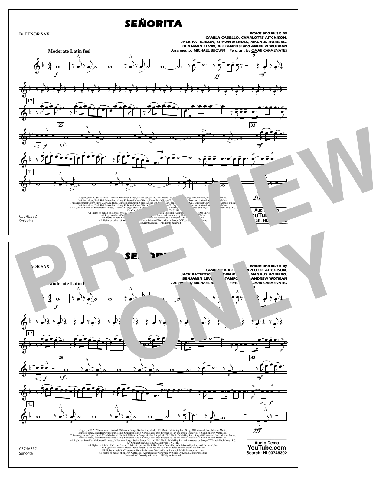 Shawn Mendes & Camila Cabello Señorita (arr. Carmenates and Brown) - Bb Tenor Sax sheet music notes and chords arranged for Marching Band