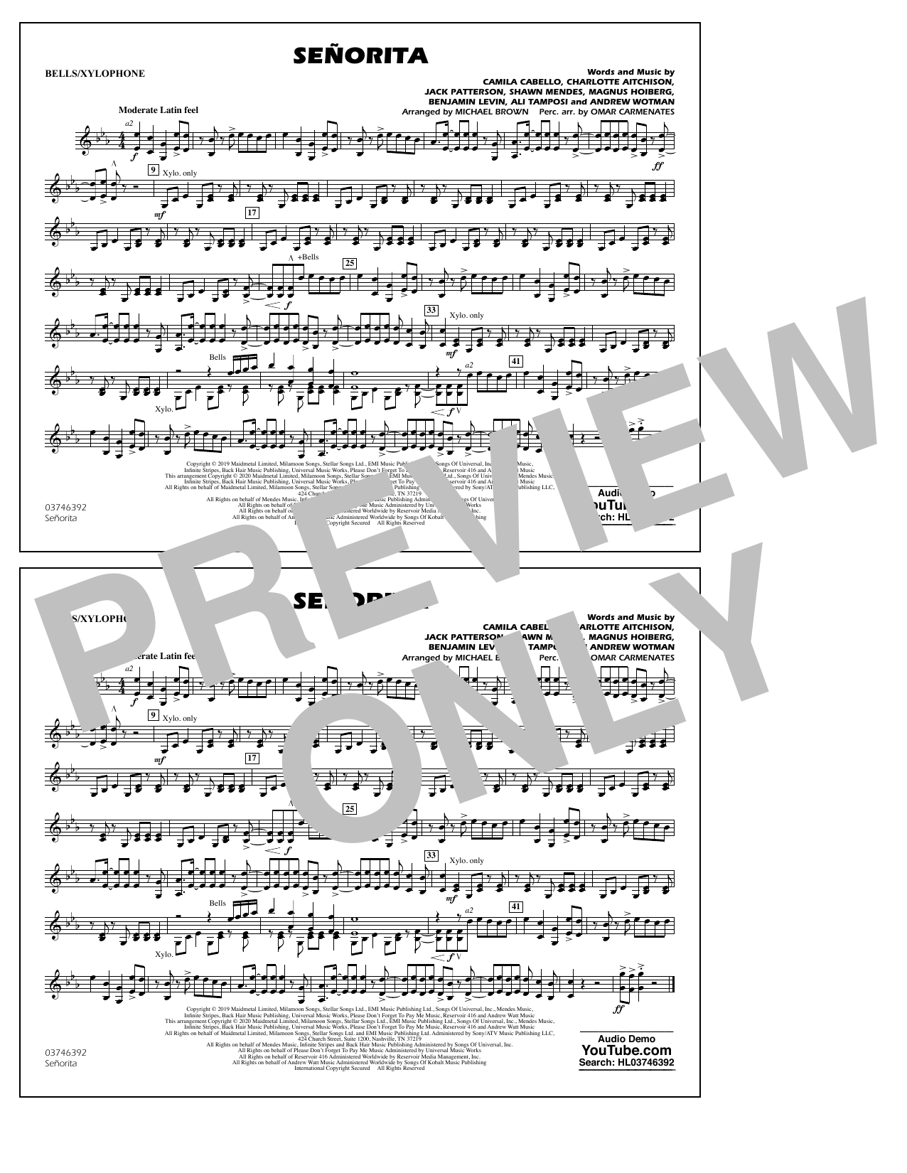 Shawn Mendes & Camila Cabello Señorita (arr. Carmenates and Brown) - Bells/Xylophone sheet music notes and chords arranged for Marching Band