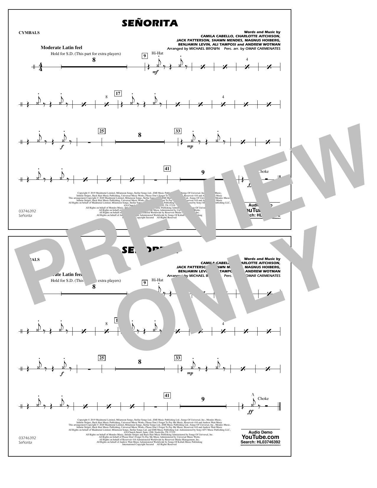 Shawn Mendes & Camila Cabello Señorita (arr. Carmenates and Brown) - Cymbals sheet music notes and chords arranged for Marching Band