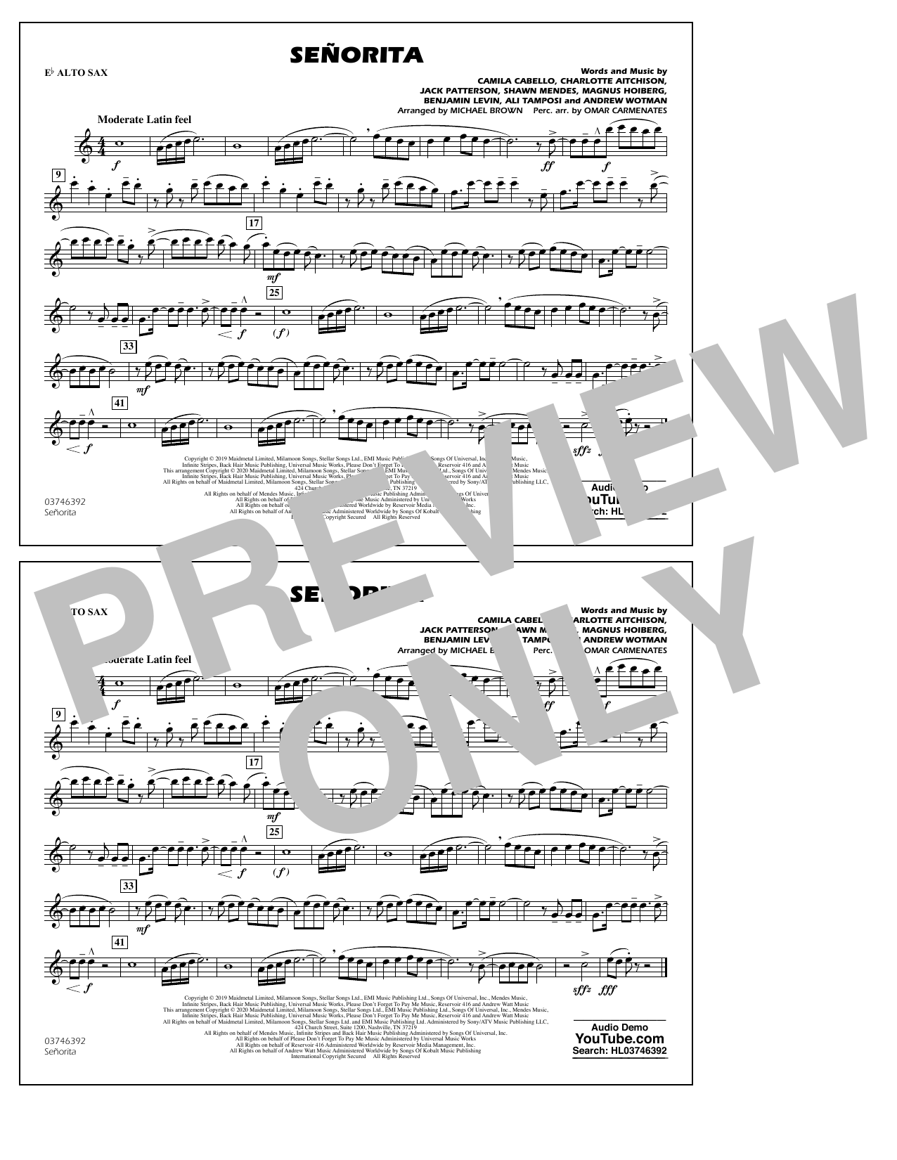 Shawn Mendes & Camila Cabello Señorita (arr. Carmenates and Brown) - Eb Alto Sax sheet music notes and chords arranged for Marching Band
