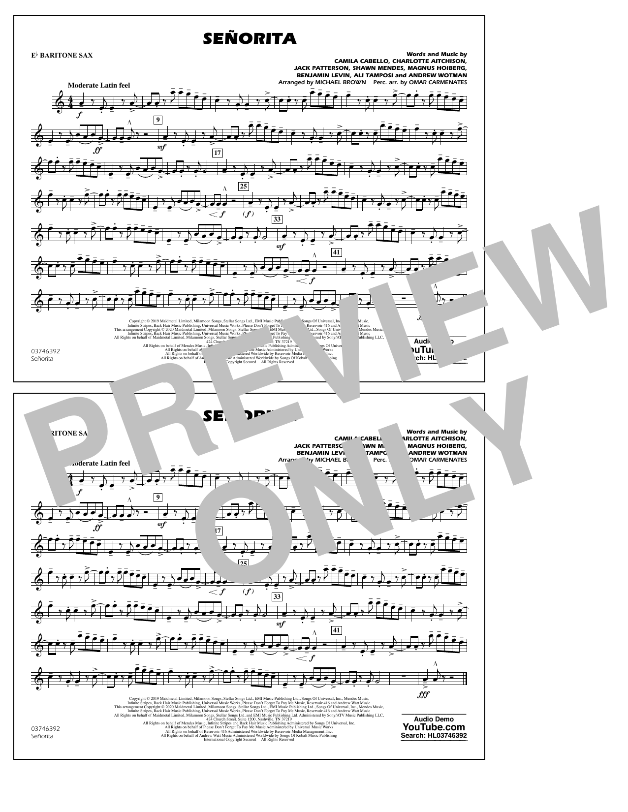 Shawn Mendes & Camila Cabello Señorita (arr. Carmenates and Brown) - Eb Baritone Sax sheet music notes and chords arranged for Marching Band