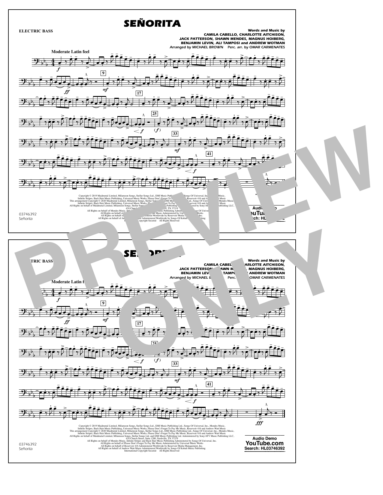 Shawn Mendes & Camila Cabello Señorita (arr. Carmenates and Brown) - Electric Bass sheet music notes and chords arranged for Marching Band