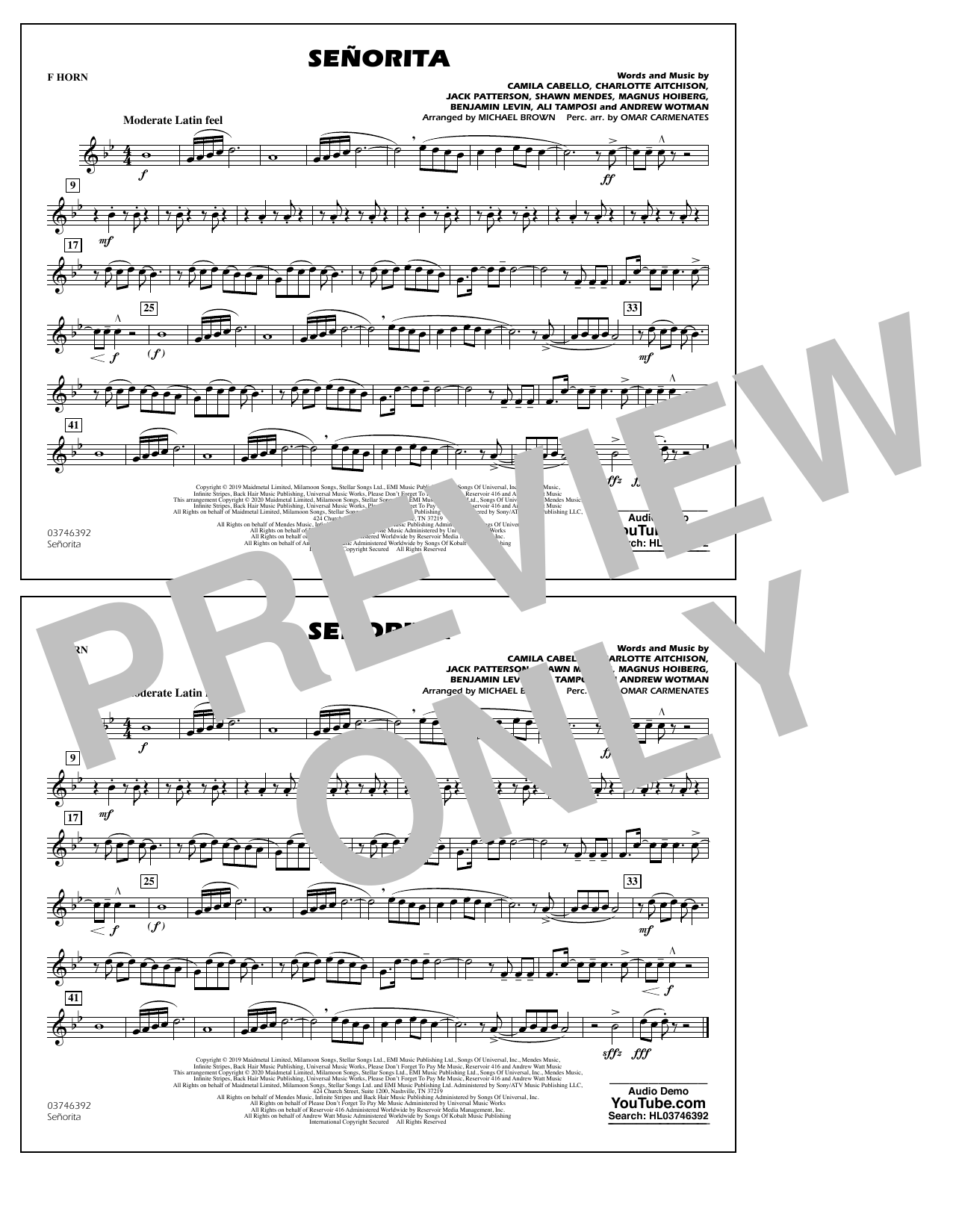 Shawn Mendes & Camila Cabello Señorita (arr. Carmenates and Brown) - F Horn sheet music notes and chords arranged for Marching Band