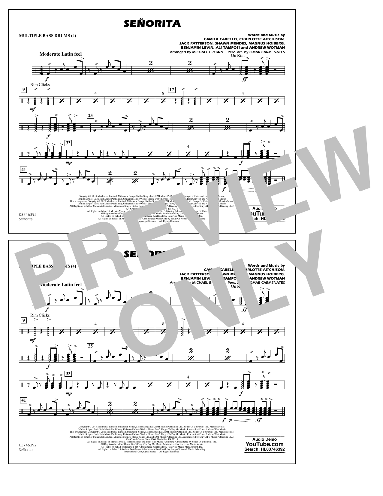 Shawn Mendes & Camila Cabello Señorita (arr. Carmenates and Brown) - Multiple Bass Drums sheet music notes and chords arranged for Marching Band