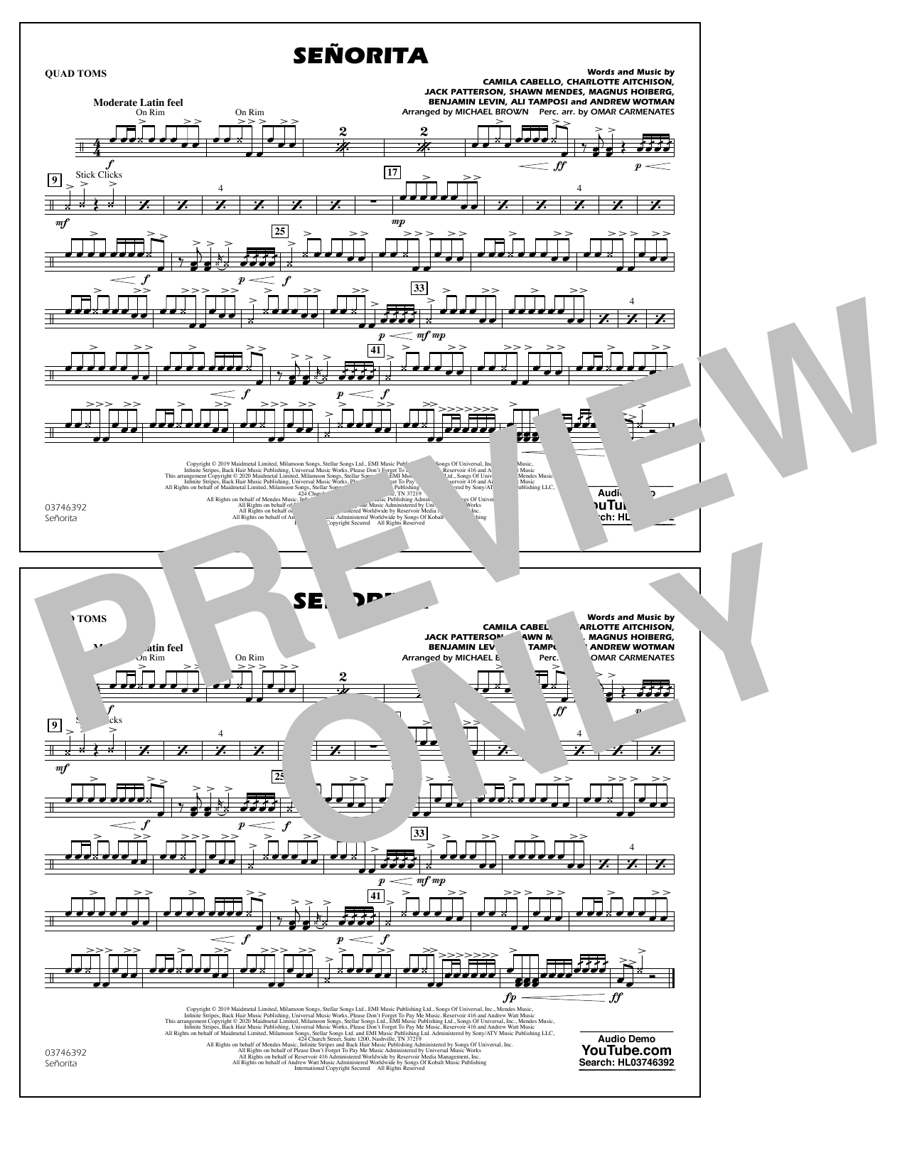 Shawn Mendes & Camila Cabello Señorita (arr. Carmenates and Brown) - Quad Toms sheet music notes and chords arranged for Marching Band
