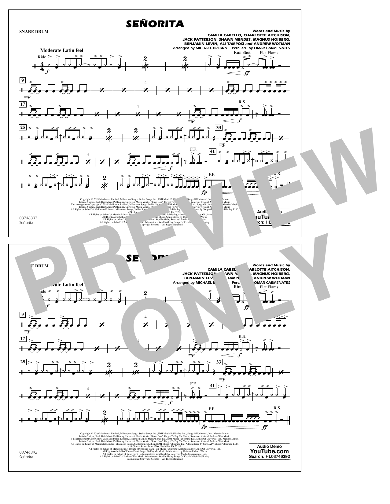 Shawn Mendes & Camila Cabello Señorita (arr. Carmenates and Brown) - Snare Drum sheet music notes and chords arranged for Marching Band