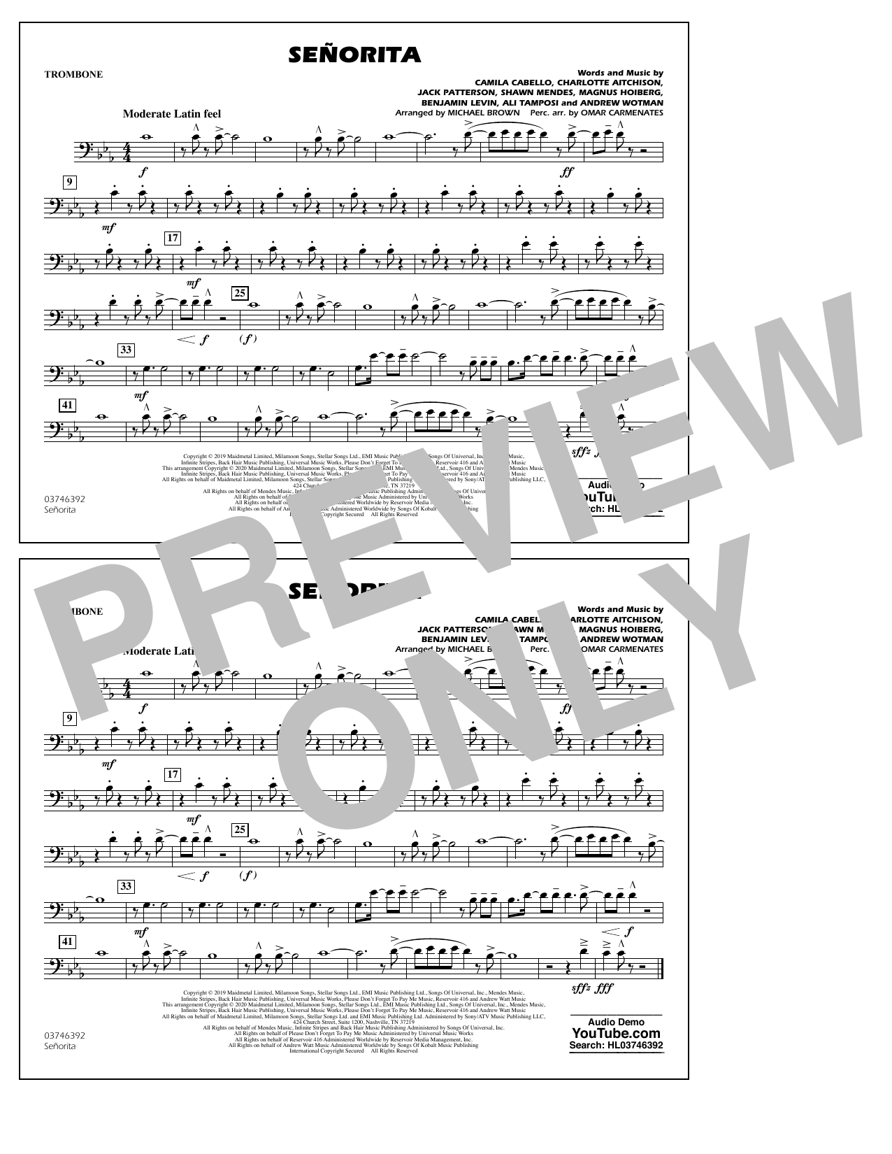 Shawn Mendes & Camila Cabello Señorita (arr. Carmenates and Brown) - Trombone sheet music notes and chords arranged for Marching Band