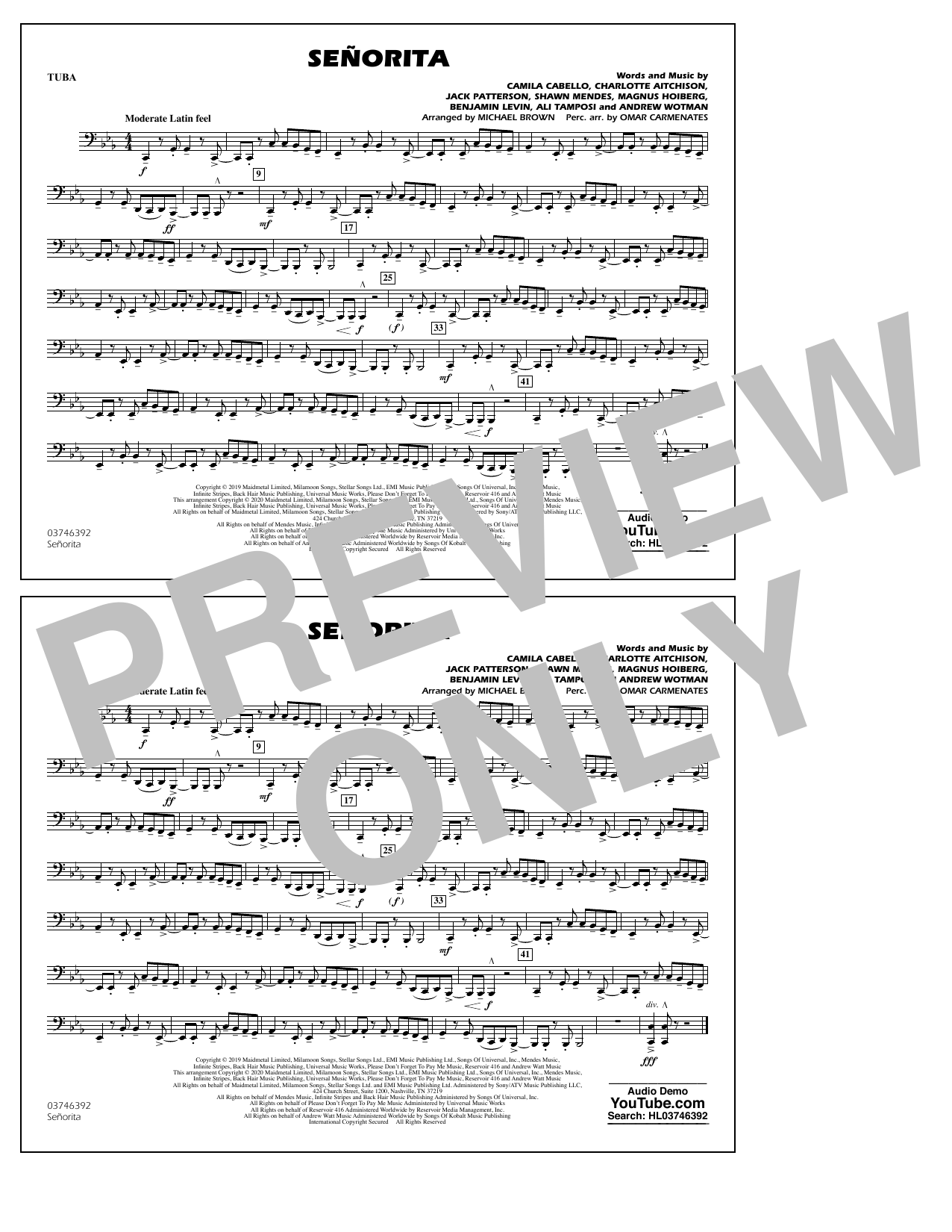 Shawn Mendes & Camila Cabello Señorita (arr. Carmenates and Brown) - Tuba sheet music notes and chords arranged for Marching Band