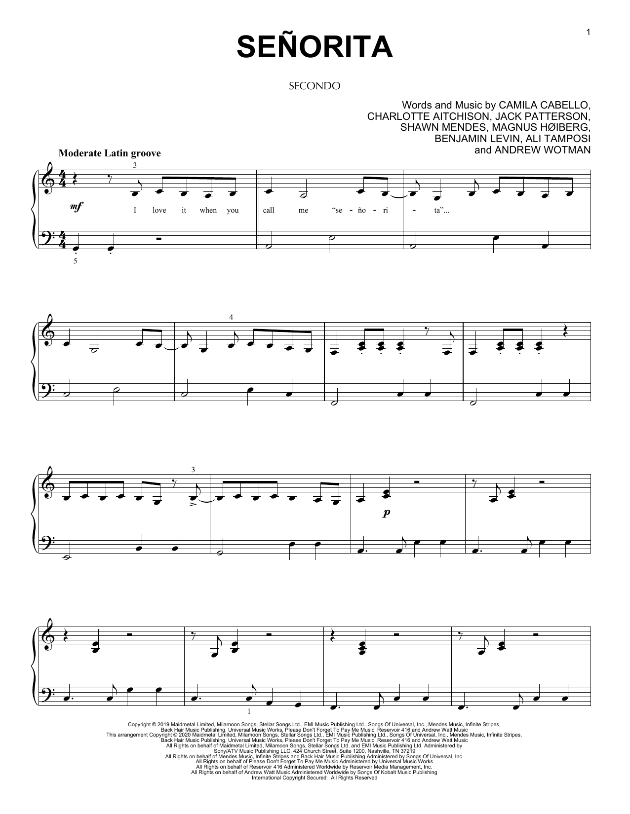 Shawn Mendes & Camila Cabello Señorita (arr. David Pearl) sheet music notes and chords arranged for Piano Duet