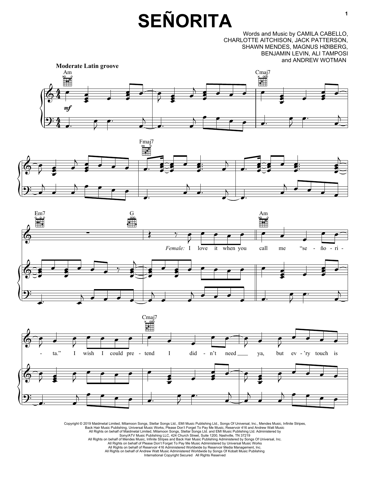 Shawn Mendes & Camila Cabello Señorita sheet music notes and chords arranged for Easy Bass Tab