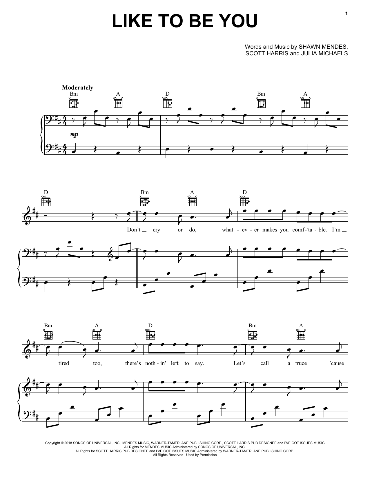 Shawn Mendes & Julia Michaels Like To Be You sheet music notes and chords arranged for Piano, Vocal & Guitar Chords (Right-Hand Melody)