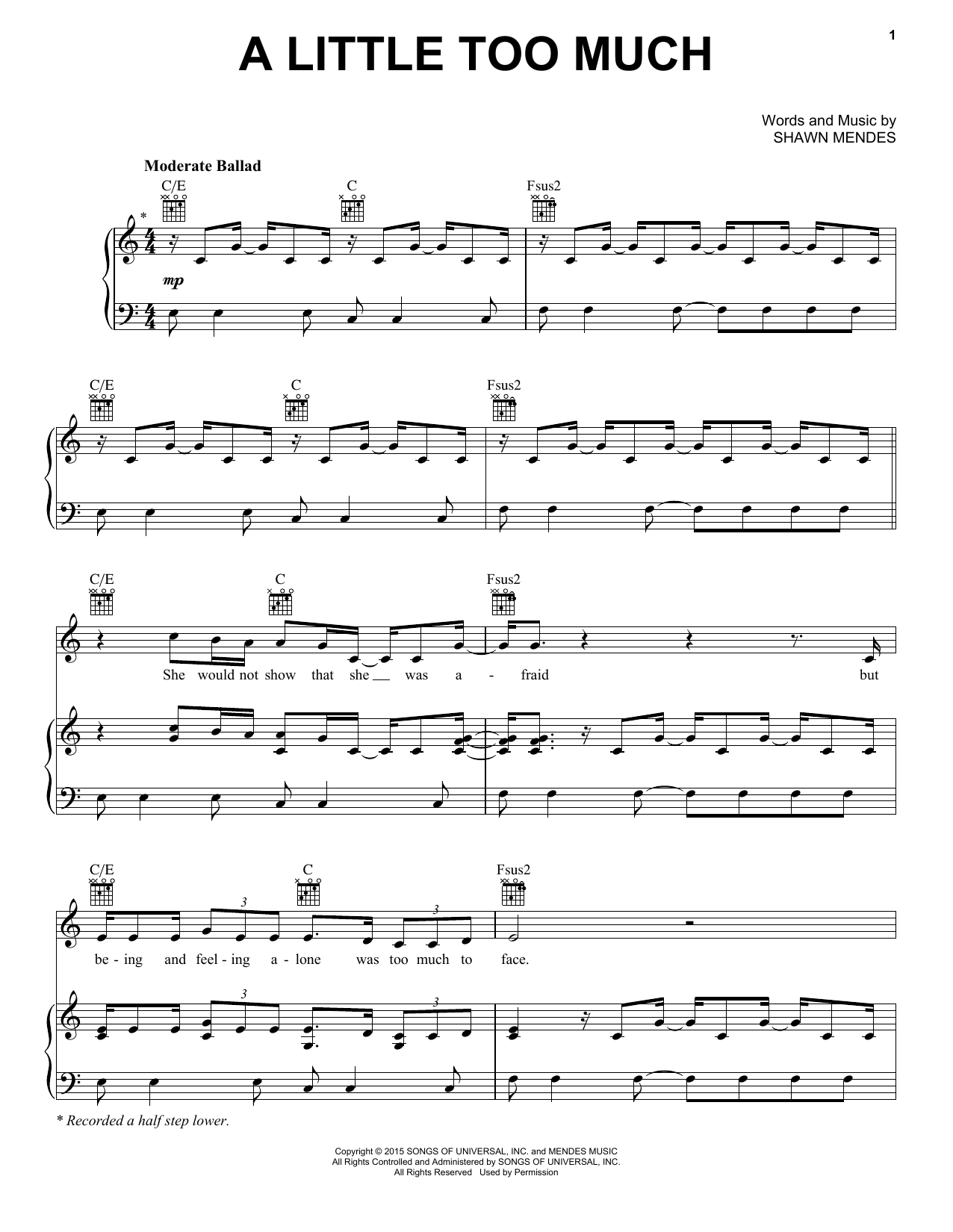Shawn Mendes A Little Too Much sheet music notes and chords arranged for Piano, Vocal & Guitar Chords (Right-Hand Melody)