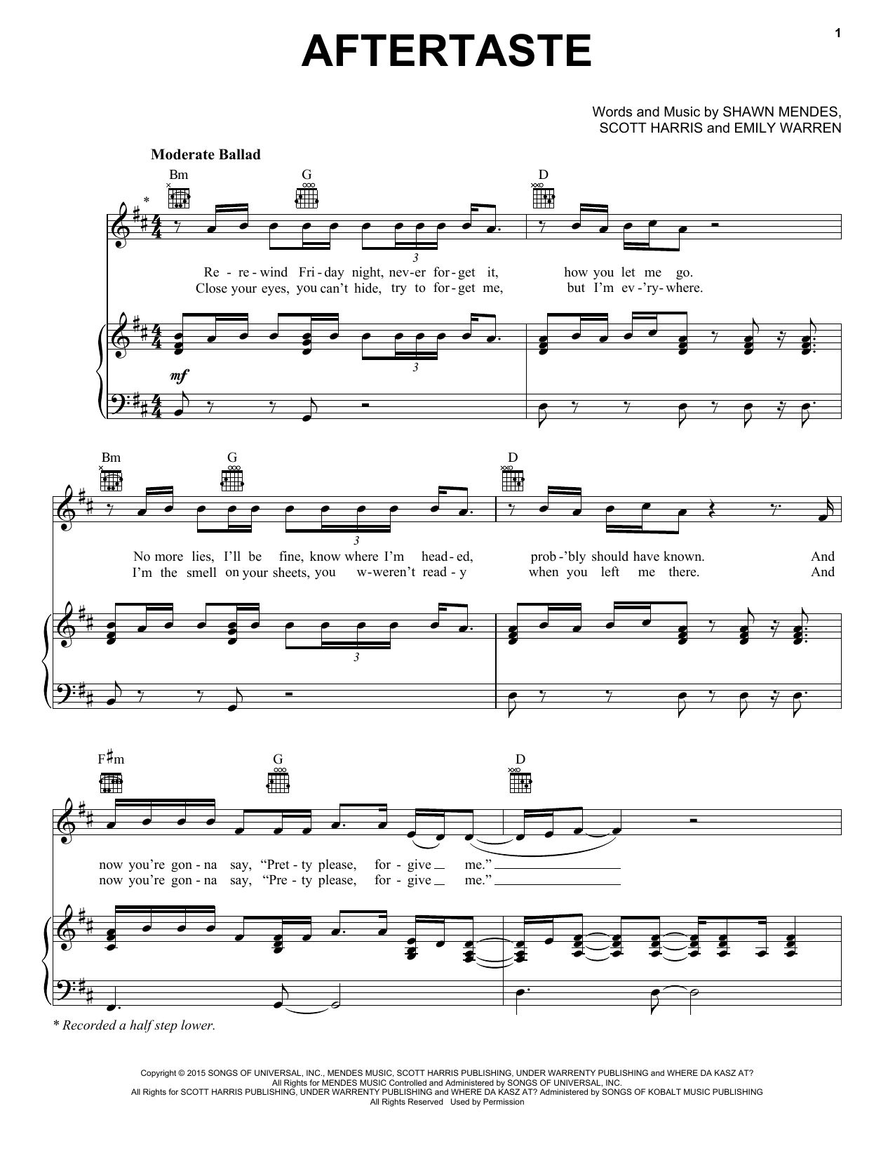 Shawn Mendes Aftertaste sheet music notes and chords arranged for Piano, Vocal & Guitar Chords (Right-Hand Melody)