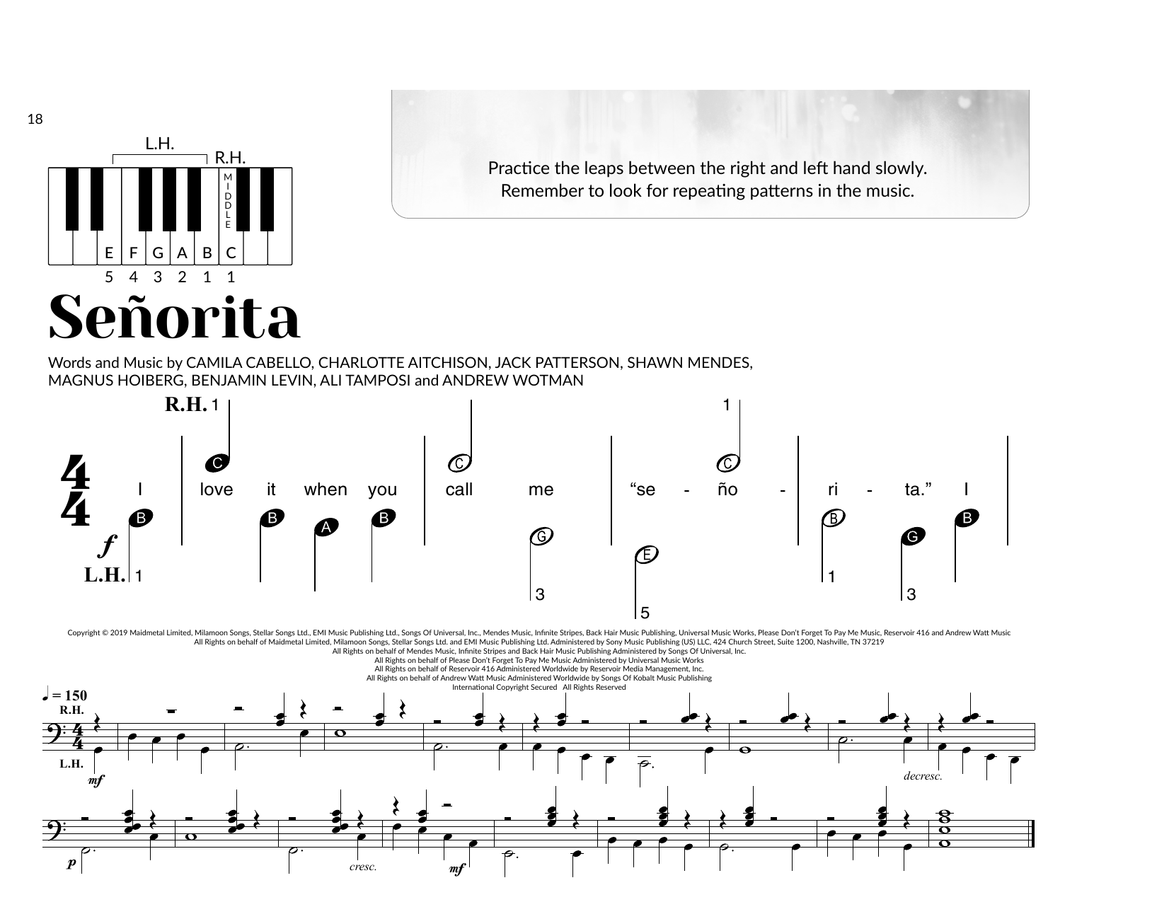 Shawn Mendes and Camila Cabello Señorita (arr. Brittany McCorriston) sheet music notes and chords arranged for Very Beginner Piano