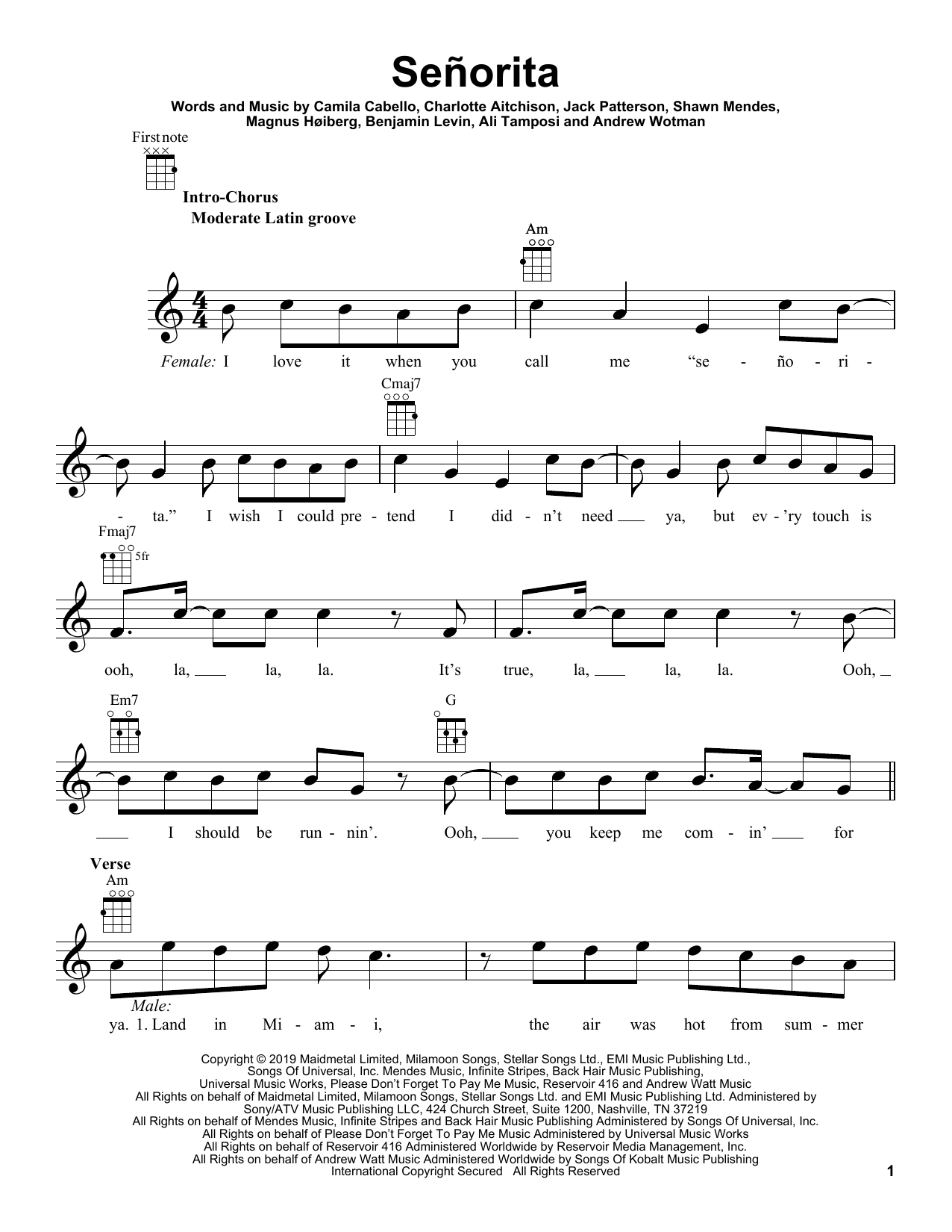 Shawn Mendes and Camila Cabello Señorita sheet music notes and chords arranged for Piano Solo