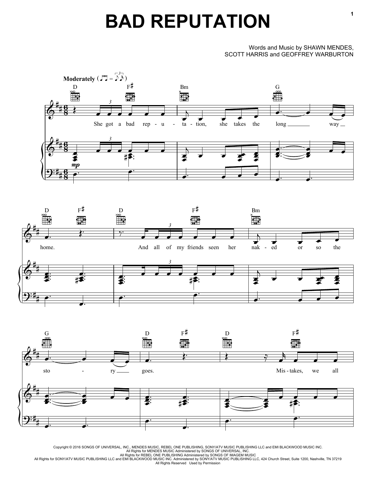 Shawn Mendes Bad Reputation sheet music notes and chords arranged for Piano, Vocal & Guitar Chords (Right-Hand Melody)