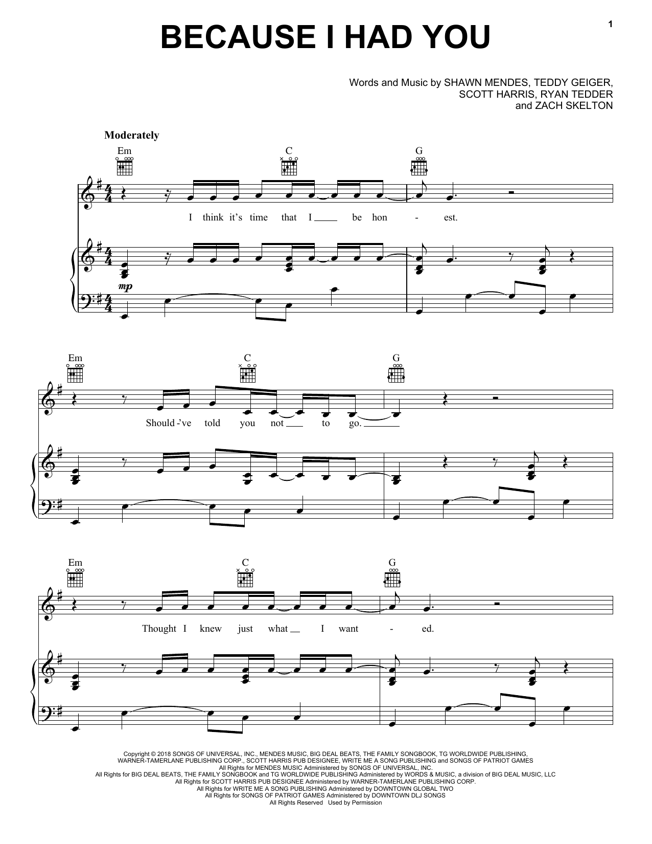Shawn Mendes Because I Had You sheet music notes and chords arranged for Piano, Vocal & Guitar Chords (Right-Hand Melody)