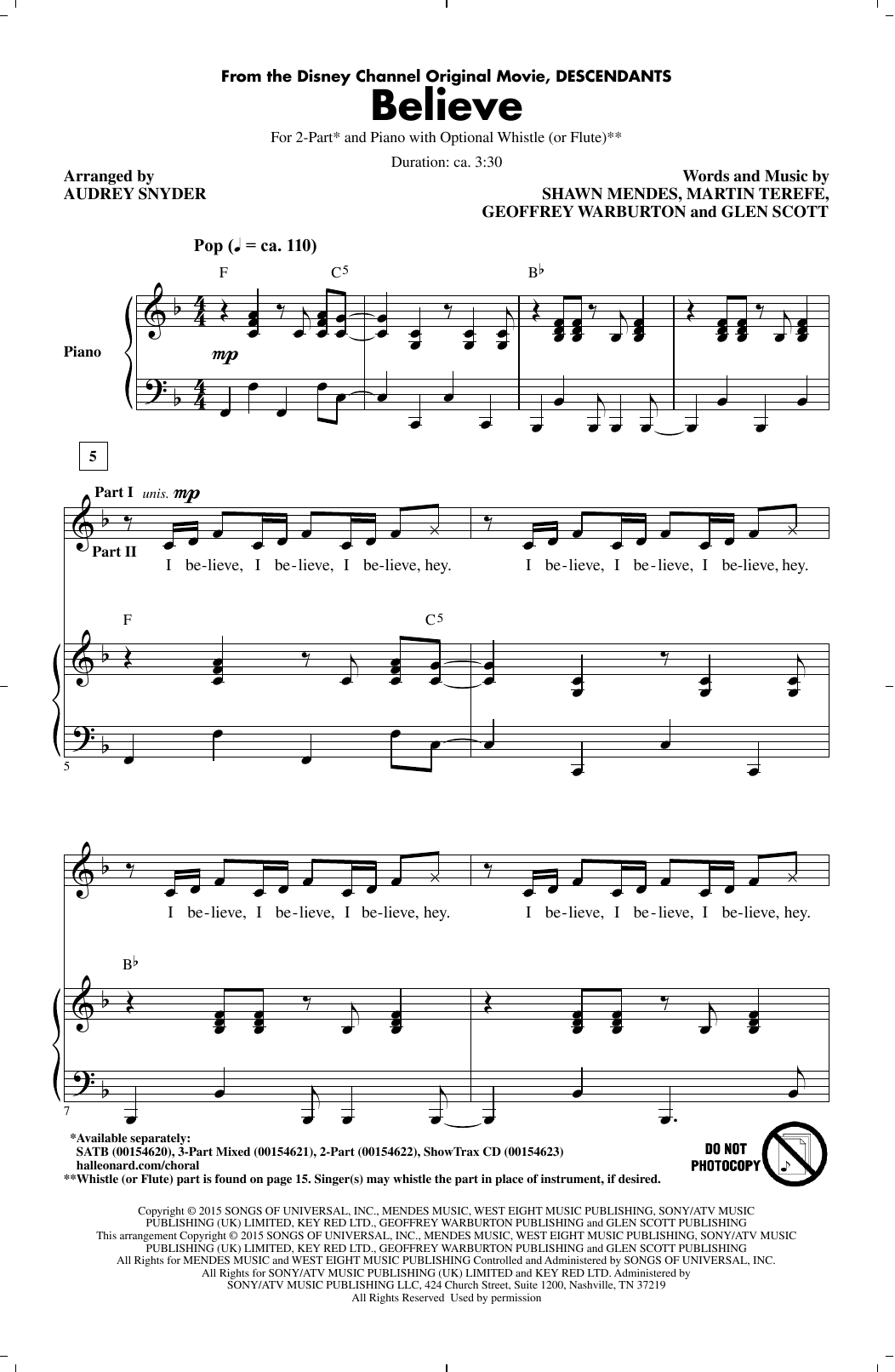 Shawn Mendes Believe (from Descendants) (arr. Audrey Snyder) sheet music notes and chords arranged for 3-Part Mixed Choir