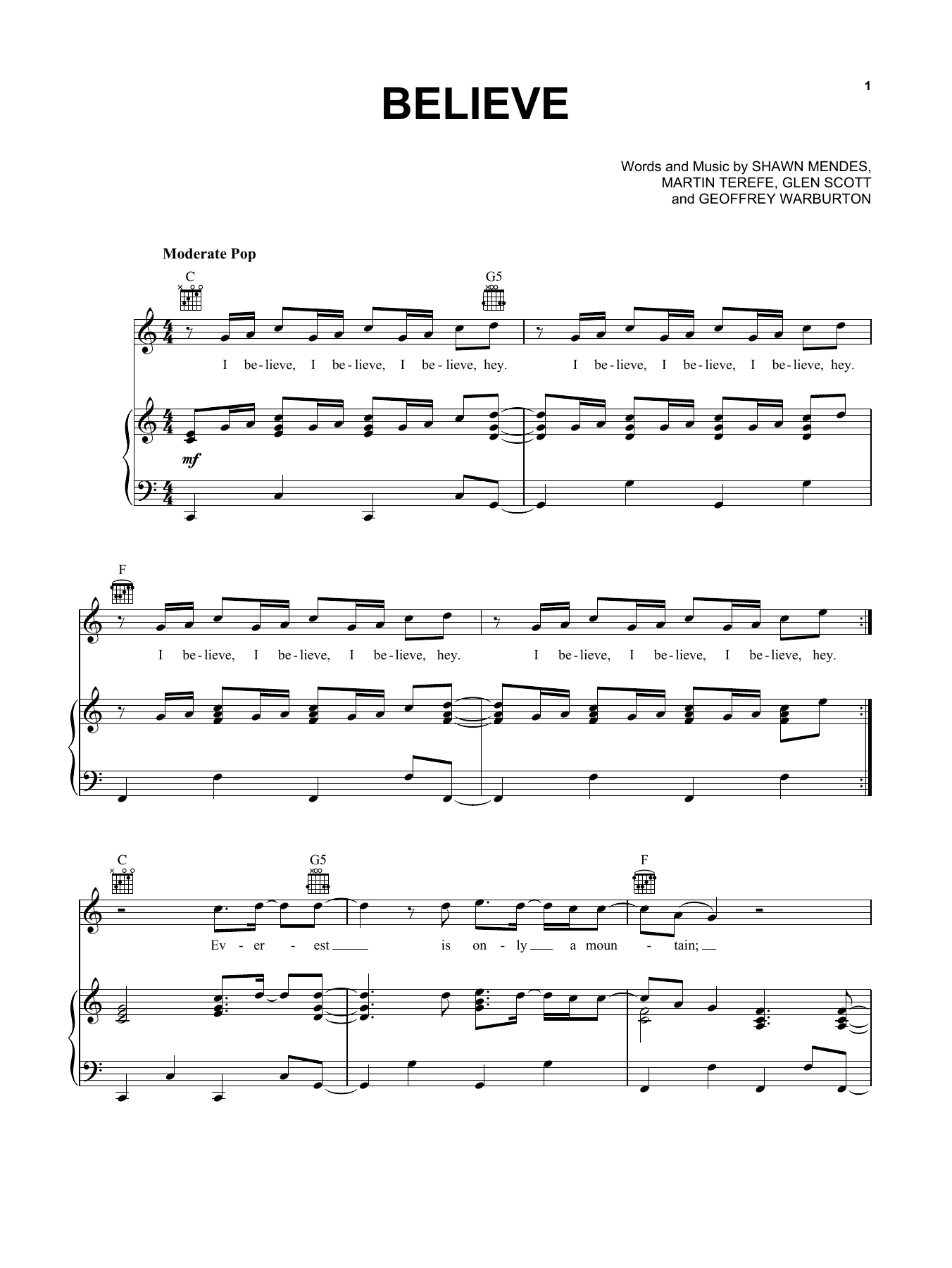 Shawn Mendes Believe (from Disney's Descendants) sheet music notes and chords arranged for Piano, Vocal & Guitar Chords (Right-Hand Melody)